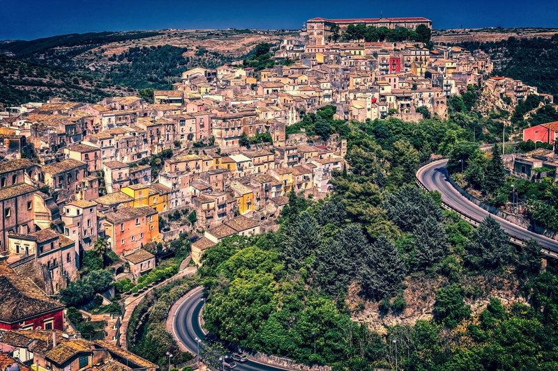 old, cityscape, townscape, transportation, panorama, travel destinations, romantic, mountain, ragusa, day, high angle view, sicily, houses, city, historically