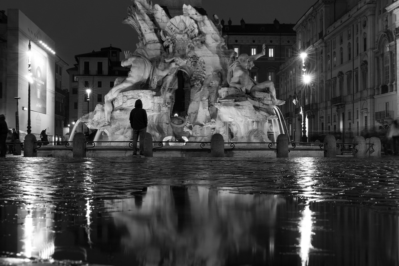 urban, water, water fountain, reflection, puddle, sculpture, statue, italy, city, built structure, rome, cobblestone, building, tourist, plaza, group of people