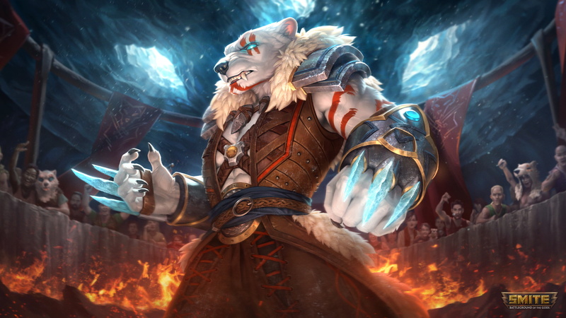 4K, Smite, Ravana (Smite), polar bears, claws, watermarked, fire, Colliseum, Anthro
