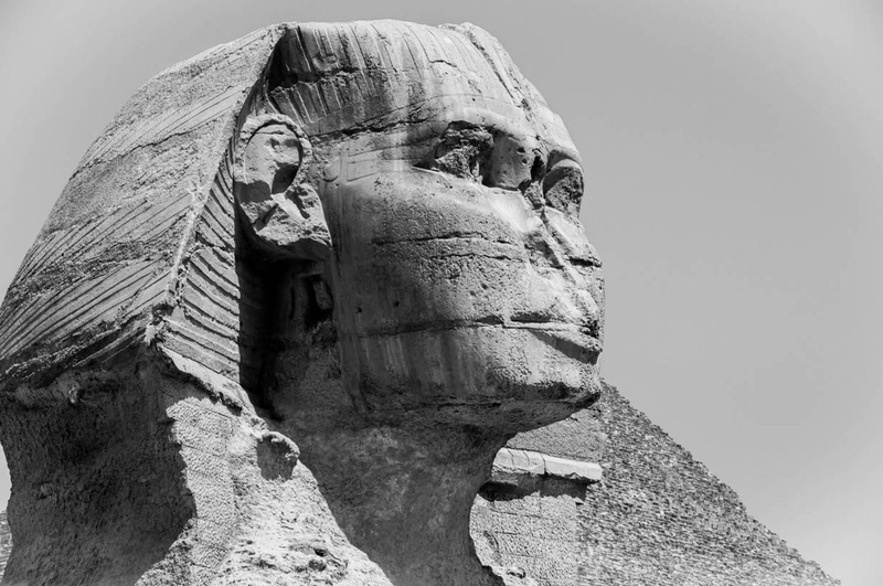 architecture, representation, grayscale, giza, great, low angle view, the past, egypt, sphinx, clear sky, art and craft, rock, statue, solid, built structure
