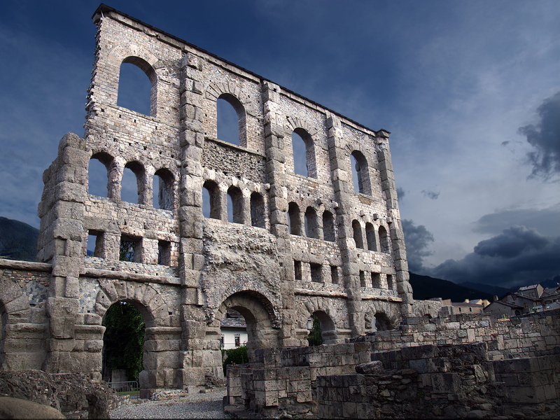 nature, roman theatre, ancient theatre, outdoors, valle daosta, ancient, 2K, day, no people, italy, building exterior, sunset, low angle view, architecture