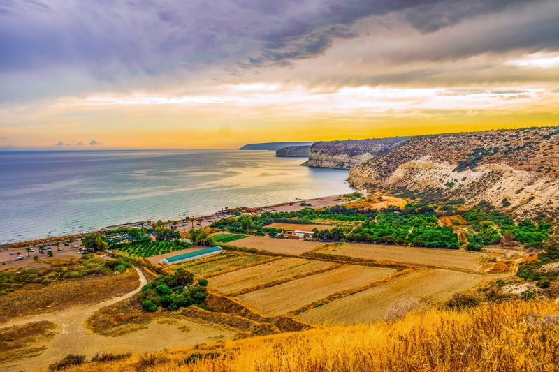environment, tranquil scene, water, agriculture, cliffs, sunset, beauty in nature, plant, scenics - nature, afternoon, beach, coastline, tranquility, cyprus