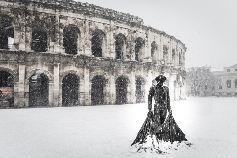 nimes, france, sky, warm clothing, built structure, roman, nature, the past, snowing, architecture, leisure activity, building exterior, cold temperature
