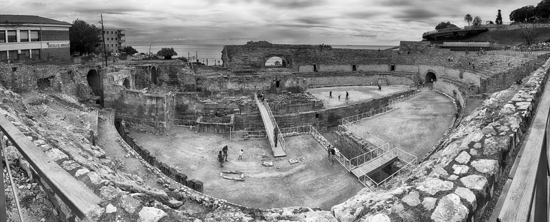 amphitheatre, tarragona, built structure, architecture, catalonia, no people, spain, nature, the past, travel, retro Styled, ancient, 8K, high angle view