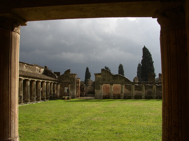 tree, land, ancient, building, outdoors, building exterior, plant, rain, architectural column, nature, architecture, no people, italy, rome, green, grass