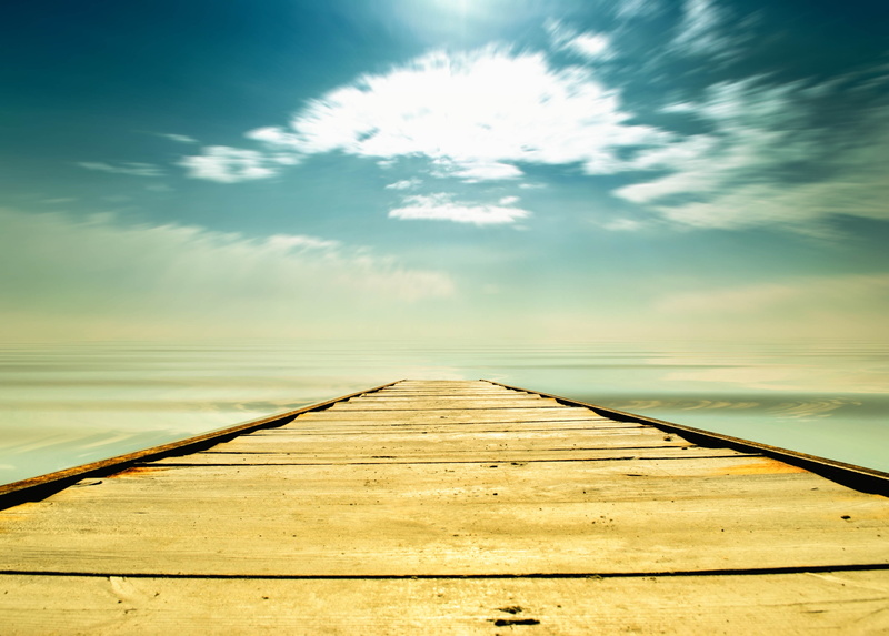 idyllic, scenics - nature, pier, beauty In Nature, river, sunrise - Dawn, day, way, sun, directly below, vanishing point, architecture, tranquility, blue