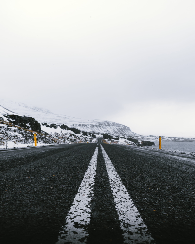 exploration, seaside, black, line, diminishing perspective, marking, drive, gray, winter, yellow, near, open road, outdoors, snowcapped mountain, cold temperature