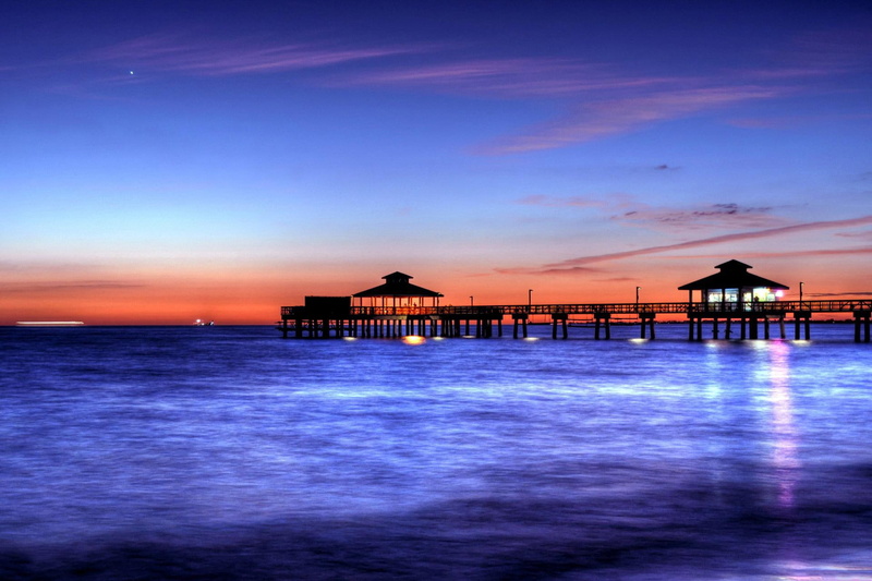 sea, lights, pier, nature and landscapes, 1080P, sundown, beach