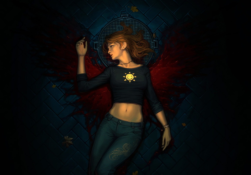 jeans, lying, 1080P, leaves, Luke, bridge, cover, pavers, girl, wings, art, blood, arden rey, smiley