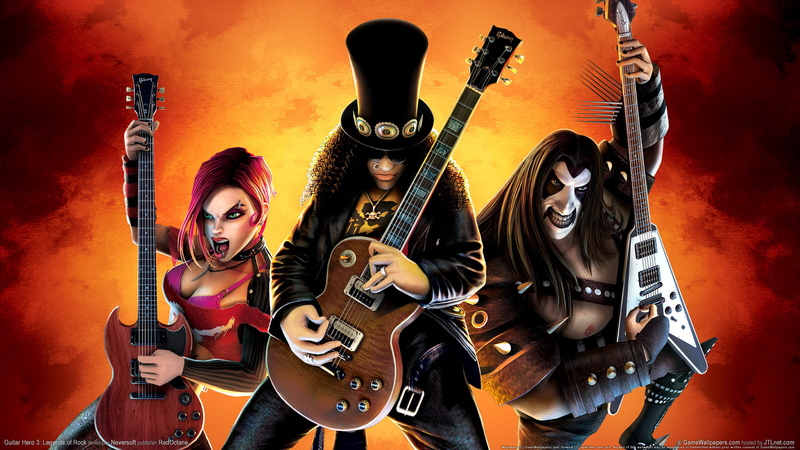 string instrument, musician, looking at camera, arts culture and entertainment, three, assorted, rockers, musical equipment, guitar hero, performance, guitar hero 3