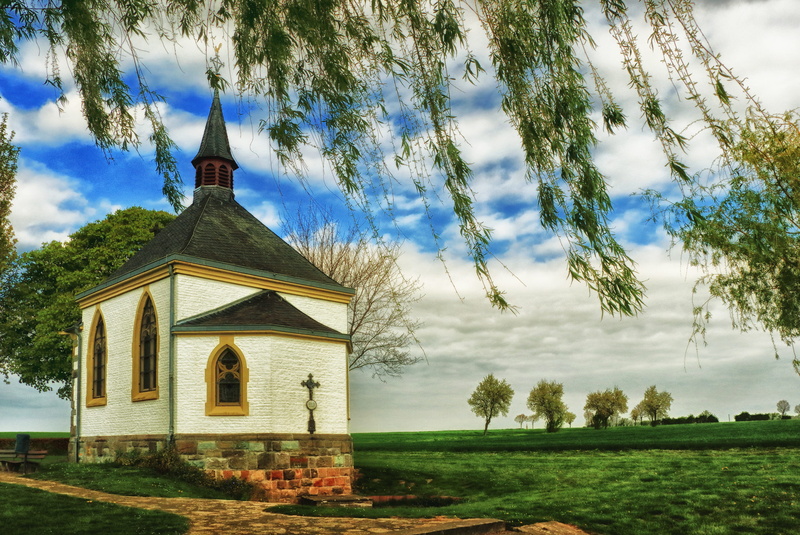 Wayside Chapel, spire, building Exterior, cloud - Sky, nature, plant, tree, church, spirituality, feet nich, sky, chapel, grass, 5K, Eifel, small church