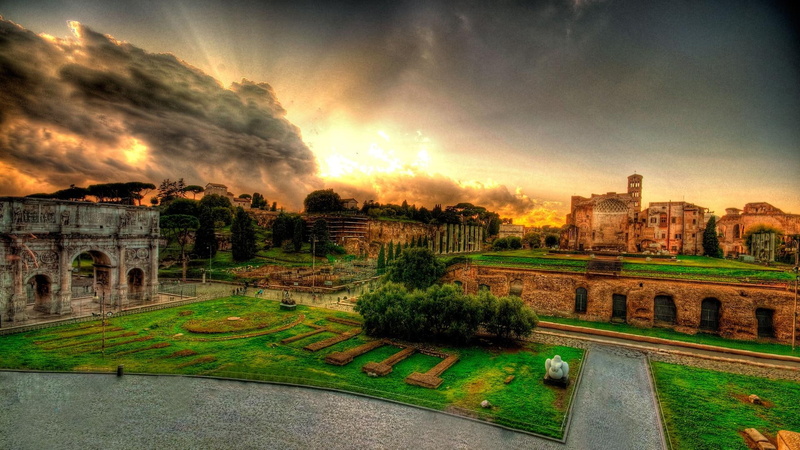 hdr, colosseum, sunset, clouds, ruins, 1080P, view, nature and landscapes, ancient