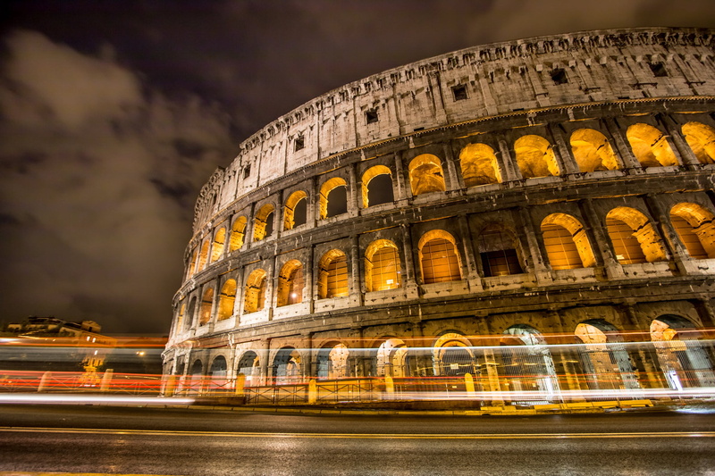 night, illuminated, ancient, motion, built structure, ancient civilization, Rome, lights, transportation, 1080P, outdoors, sky, cloud - sky, building exterior