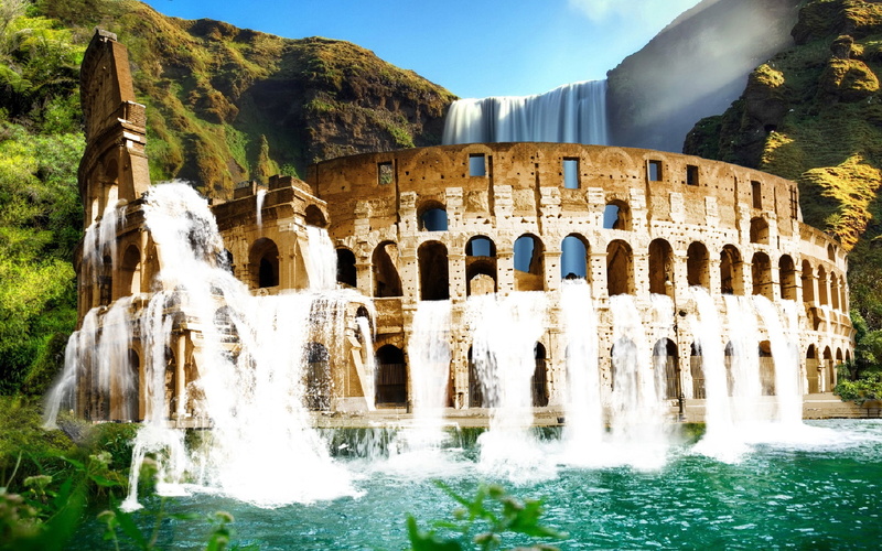 Colosseum, Waterfall, Mountains, Landscape, 1080P, Greenery, Nature