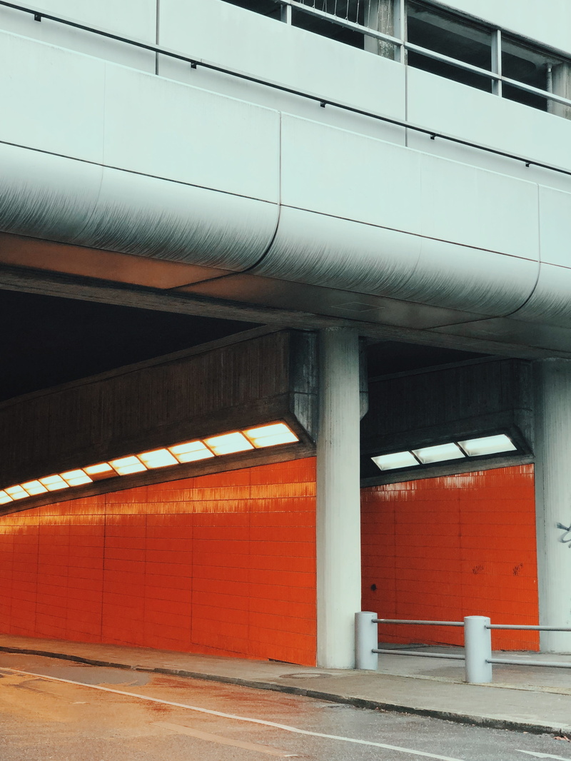 building exterior, tiles, built structure, 2K, handrail, orange, transportation, train, outdoors, halenseestraße 40, concrete, building, empty, germany