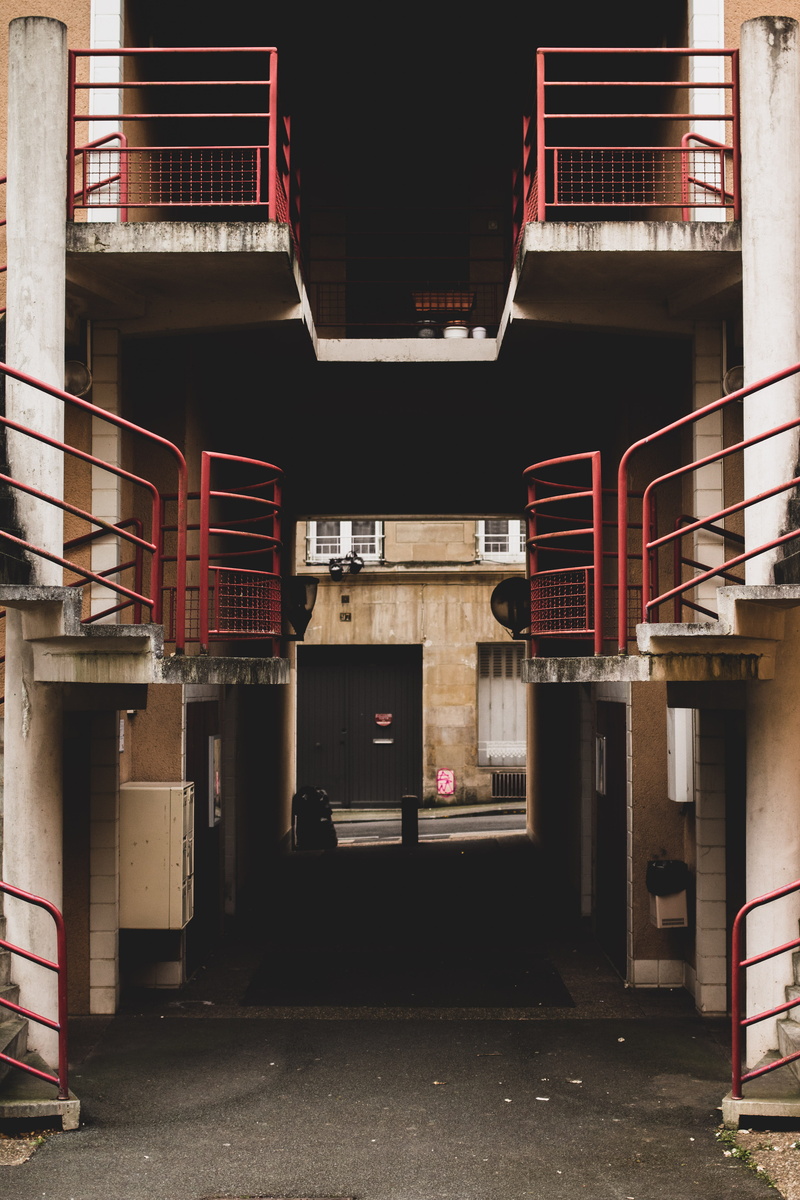 building, concrete, no people, town, brick, red, entrance, industry, built structure, corridor, door, white, alley, banister, urban, 5K, alleyway, day