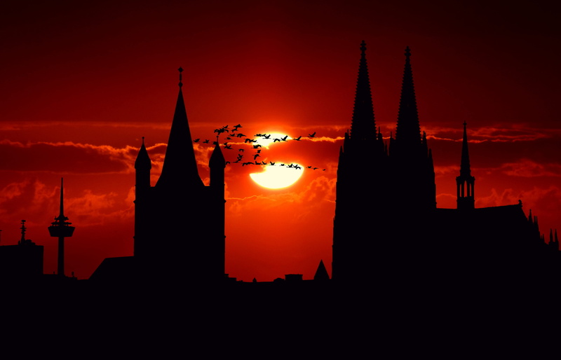 skyscraper, architecture, silhouette, cologne cathedral, orange color, city view, office building exterior, afterglow, outdoors, tower, mood, composing