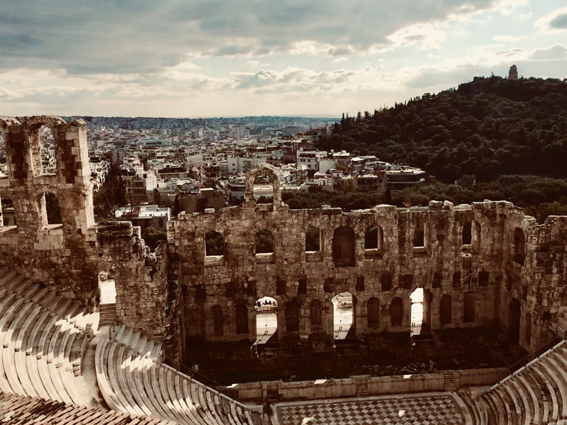 aerial view, no people, building exterior, the past, castle, townscape, arena, ancient, theatro irodou attikou, travel destinations, nature, built structure