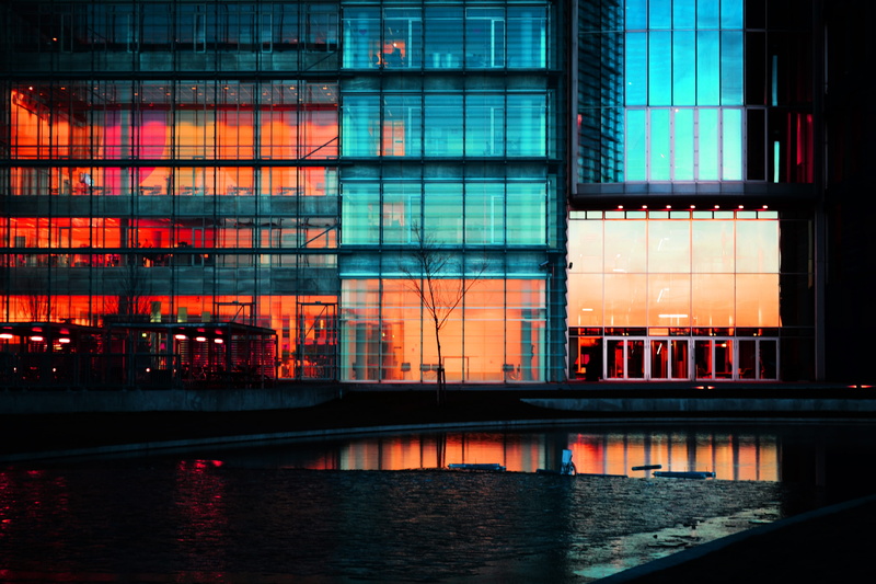 orange, banister, water, parliament, nature, handrail, modern, sunset, glass - material, urban, outdoors, planetarium, built structure, city, window, high rise