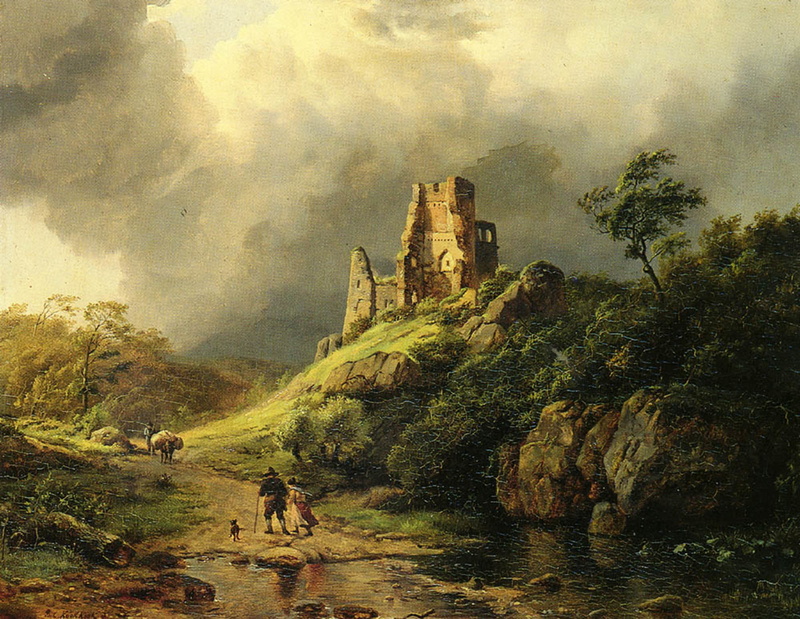 stream, two, tree, architecture, history, storm, beauty in nature, rock - object, non-urban scene, clouds, rock, people, mountain, day, land, tranquil scene