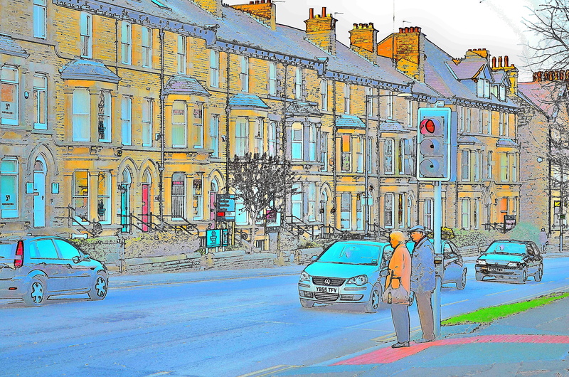 built structure, art and craft, city street, people, charles, nature, day, Cars, lights, sidewalk, traffic, painting, street, building, building exterior