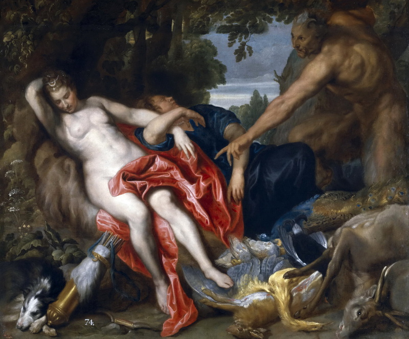 painting, beside, young adult, Diana and Nymphs, women, full length, people, picture, day, Anthony van Dyck, Seen A Satyr, mythology, creativity, group of animals