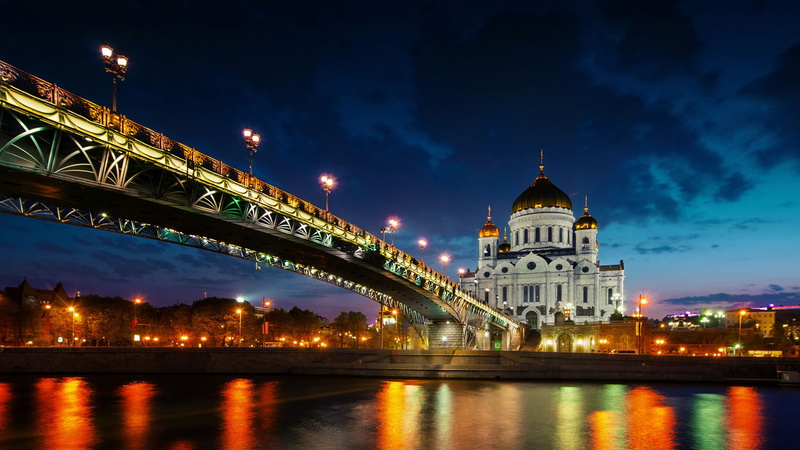 cathedral, s, moscow, birth, lights, background, russia, city, river, temple, 2K, night, christ, dike