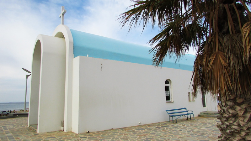 sky, tree, outdoors, Church, sand, day, building exterior, plant, building, Ayia, palm tree, sunlight, Paralimni, modern, Cyprus, tropical climate, land