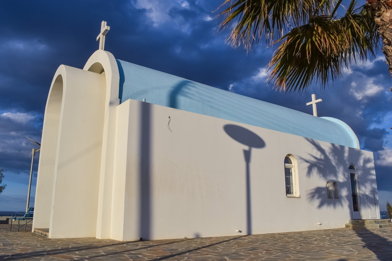 modern, palm tree, religion, sunlight, place of worship, tropical climate, outdoors, building exterior, sky, orthodox, nature, tree, belief, paralimni