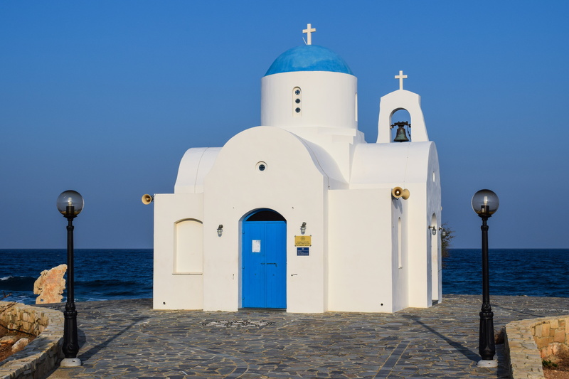 blue, 5K, ayios nikolaos, church, belief, horizon over water, building exterior, outdoors, sea, orthodox, place of worship, tourism, protaras, cyprus