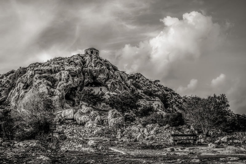 plant, sky, sightseeing, christianity, solid, tree, mountain, outdoors, ayii saranta, religion, Cave, low angle view, land, rock, Protaras, church, nature