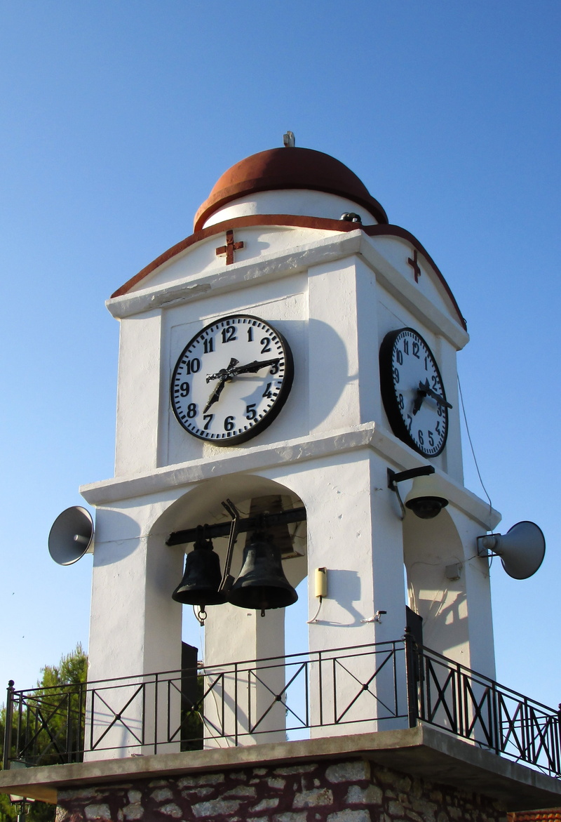 2K, church, building exterior, day, greece, number, outdoors, skiathos, minute hand, clock tower, sunlight, clock, sky, clock face, building, ayios nikolaos