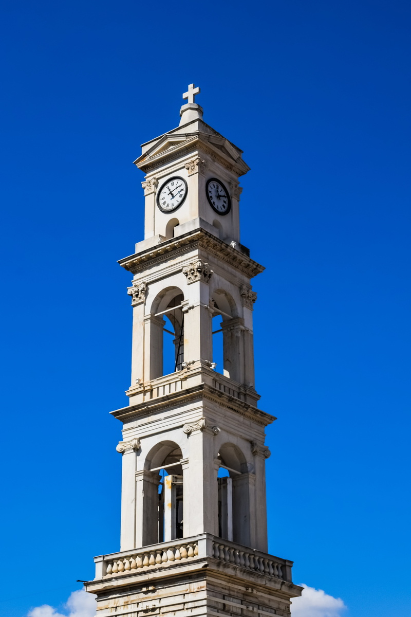 time, church, 5K, place of worship, built structure, clock, greece, clock tower, nature, spirituality, ayios nikolaos, belfry, blue, architecture, clear sky