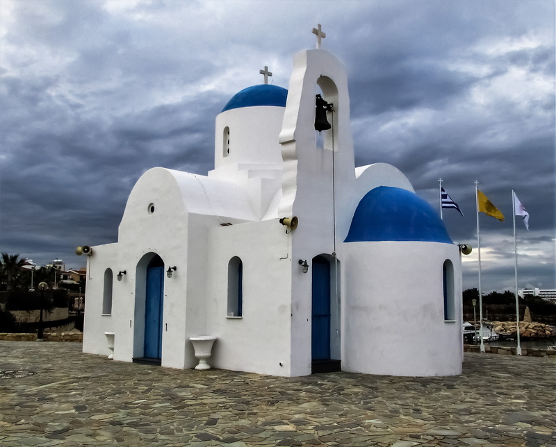 cultures, sea, place of worship, blue, sky, building exterior, built structure, architecture, building, island, cyprus, orthodox, christianity, 2K, white color