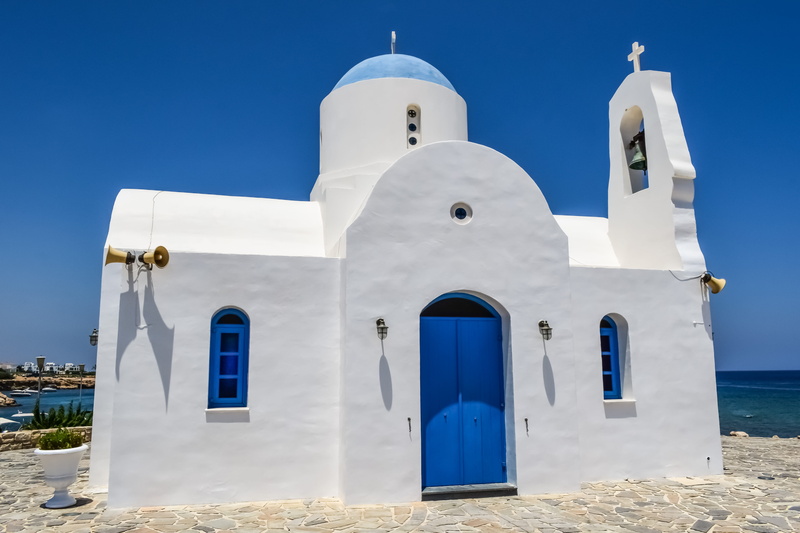 Church, building, blue and white, day, 5K, Protaras, building exterior, nature, sky, mediterranean, spirituality, sunlight, cross, Ayios Nikolaos, blue