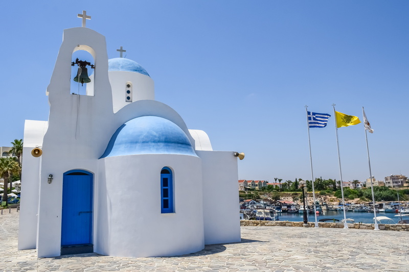 nature, built structure, no people, building, beach, tourism, outdoors, Cyprus, architecture, white color, religion, flag, travel destinations, day, blue and white