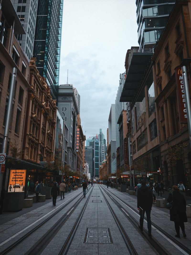 built structure, track, city, 4K, sky, building exterior, street, railroad track, outdoors, 367 george st, diminishing perspective, walking, society, structures
