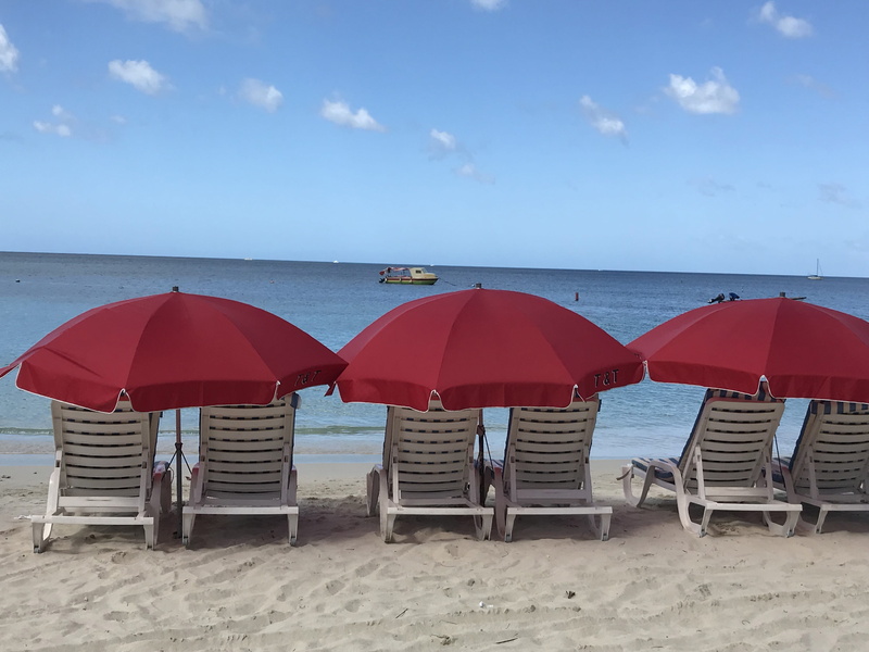 beach chairs, nature, shade, seat, beach view, st. george grenada, sand, beach life, island, horizon, red umbellras, land, cloud - sky, sky, island life