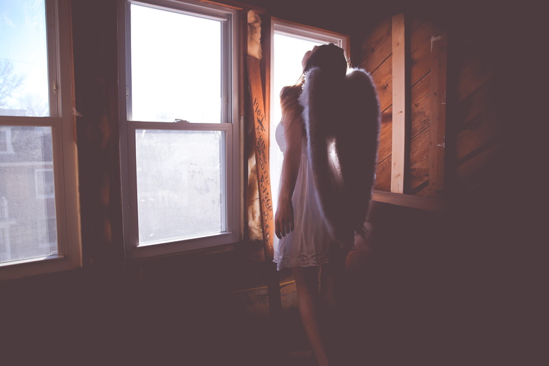sunlight, indoors, men, angel wings, white dress, dark vs light, day, women, one person, shine bright, home interior, contemplation, into the light, feel