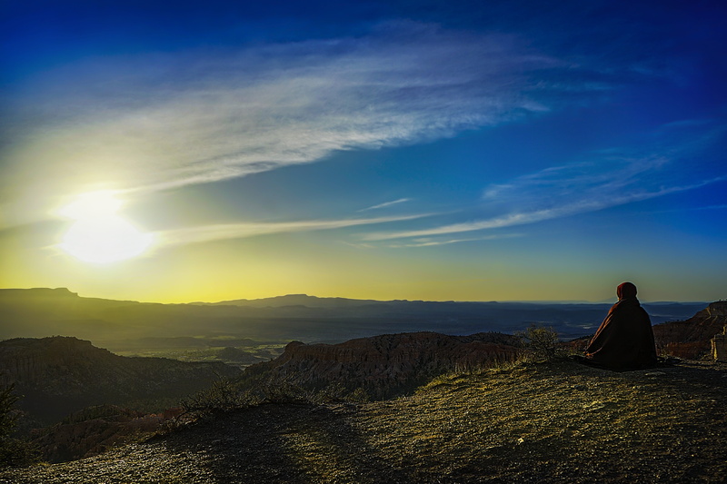 outdoors, national park, scenic, real people, relax, cloud - sky, meditate, scenics - nature, adult, tranquil scene, sky, rear view, sunrise, relaxation