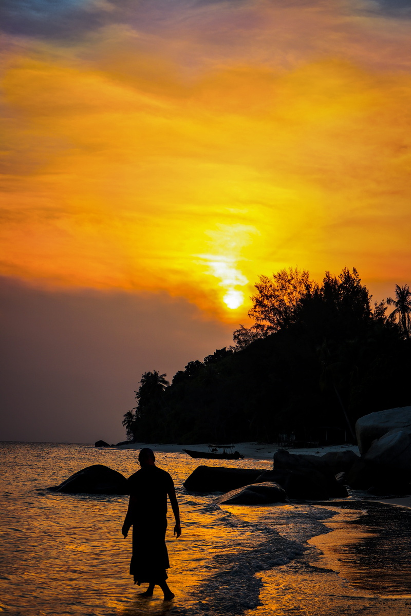 real people, silhouette, sky, plant, island, beauty in nature, nature, shore, dusk, monk, tropical, sunset, beach, tree, men, cloud - sky, leisure activity