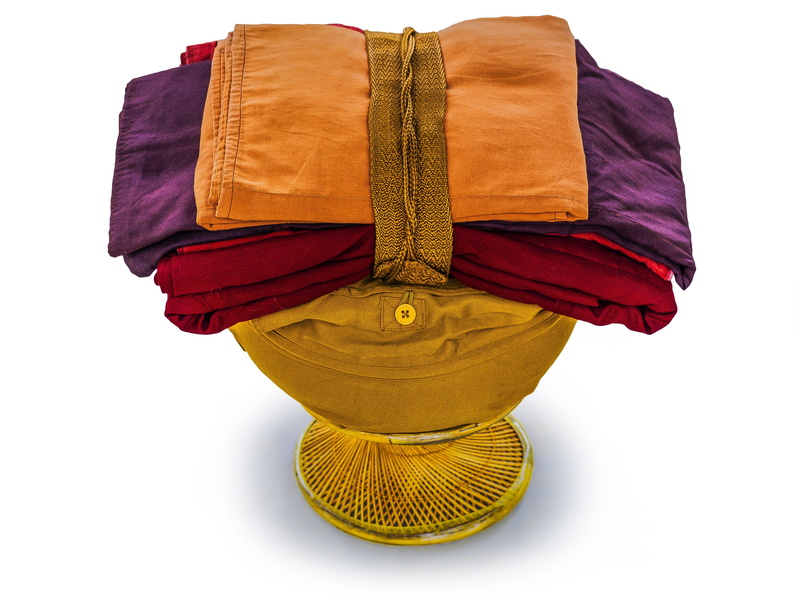 4K, personal accessory, single object, bag, religion, hat, yellow, green color, clothing, white background, robe, traditional, close-up, theravada buddhism
