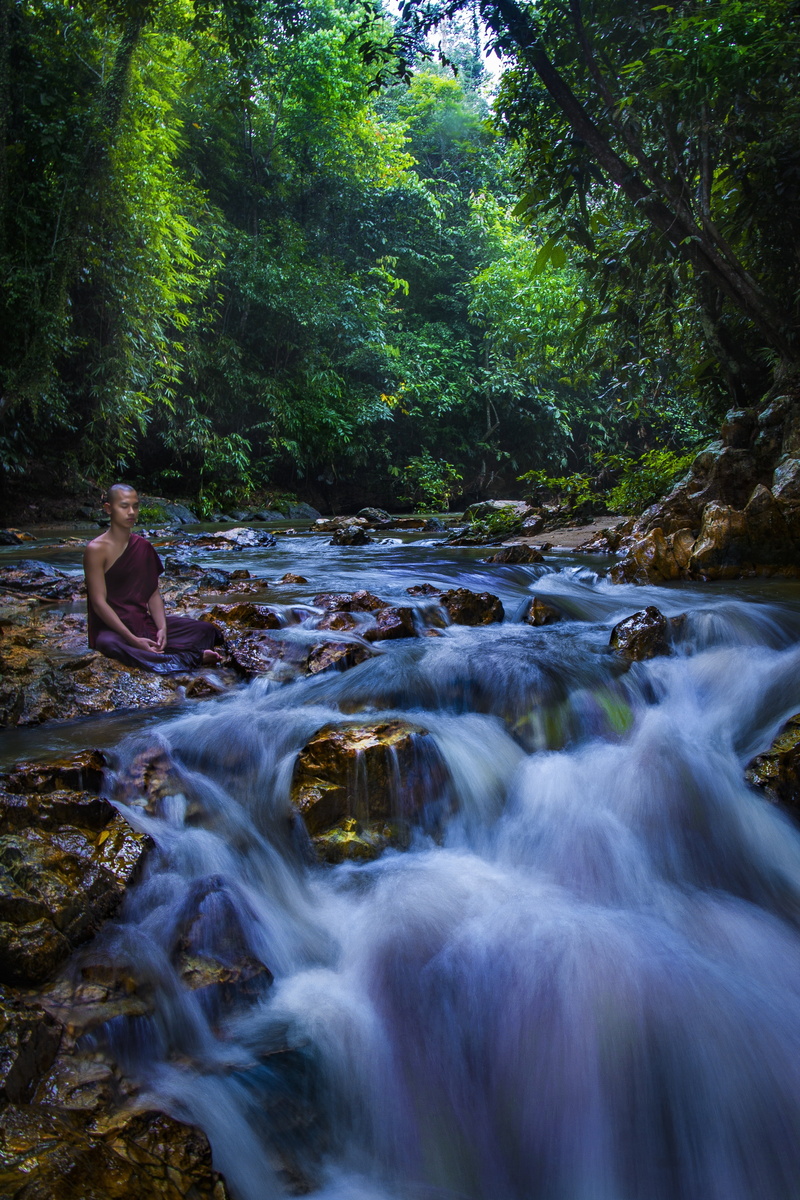 motion, lifestyles, buddhist, land, meditate, outdoors, nature, rock, person, beauty in nature, scenics - nature, leisure activity, monk at creek, flowing water