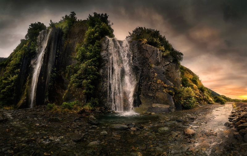 the sky, rock, stones, 1080P, Franz Josef Valley, New Zealand, stream, clouds, waterfall, overcast