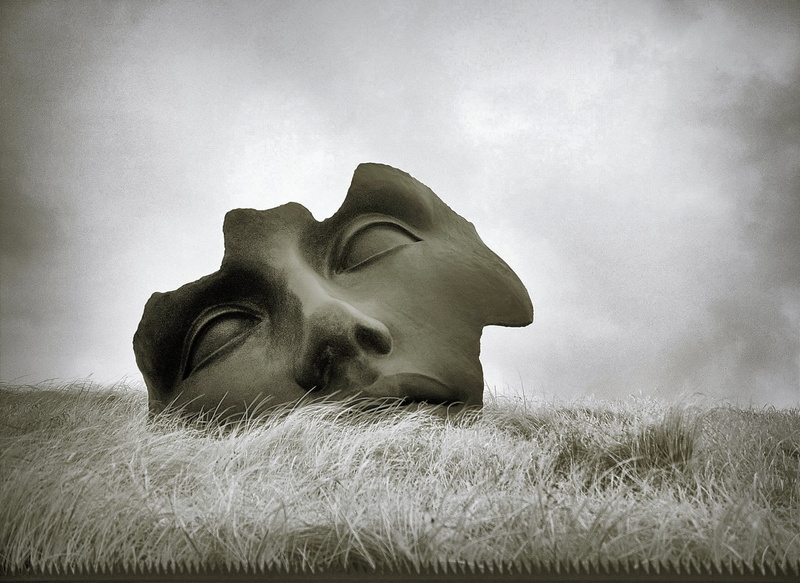 face, Europe, objects, grass, josef, human face, Scheveningen, mask, human, field, Broken, Netherlands, 2K, sculpture
