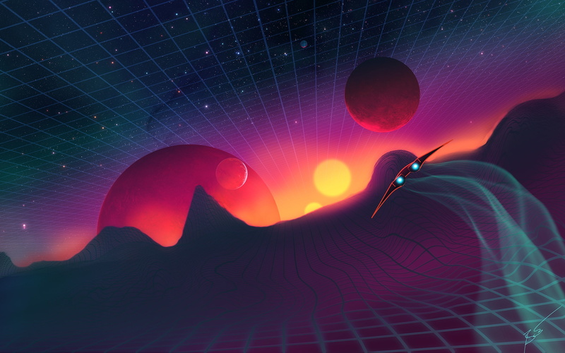 squares, saver, planet, stars, synthpop, space, Josef Bartoň, lights, illustration, 2K, mesh, ship, relief