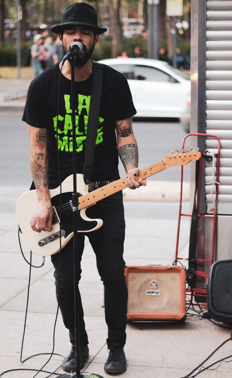 men, front view, standing, outdoors, string instrument, telecaster, occupation, 5K, arts culture and entertainment, musical equipment, incidental people