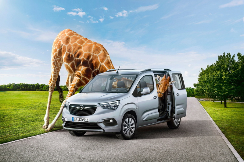 the sun, face, Peeps, giraffe, neck, clouds, Opel, landscape, grass, the situation, the sky, trees, 2K, car, salon, Combo Life, road, lawn, greens