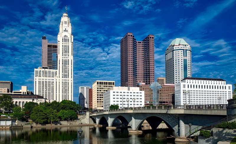 modern, sky, tower, ohio, hdr, architecture, landscape, water, arch bridge, built structure, no people, columbus, skyscrapers, cityscape, downtown, urban