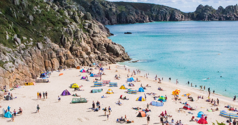 seashore, sunbathing, 4K, sea, people, rocks, coast, large group of people, nature, travel destinations, gathered, mountains, trip, vacations, bay, summer